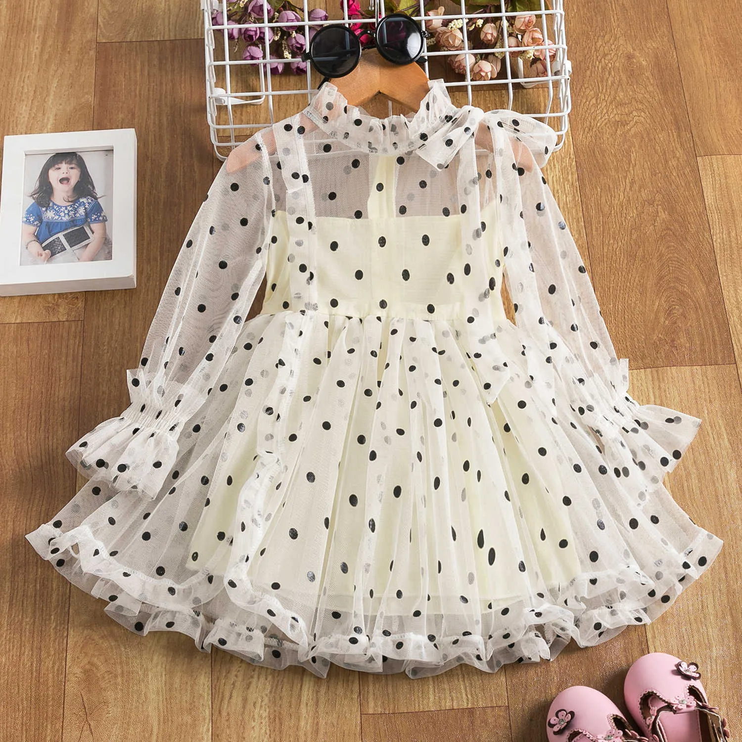 Vestidos de niña 3-8 años Vestido de princesa de lunares para niños Primavera Otoño Manga larga Elegante Vestido de fiesta de cumpleaños Ropa casual para niños