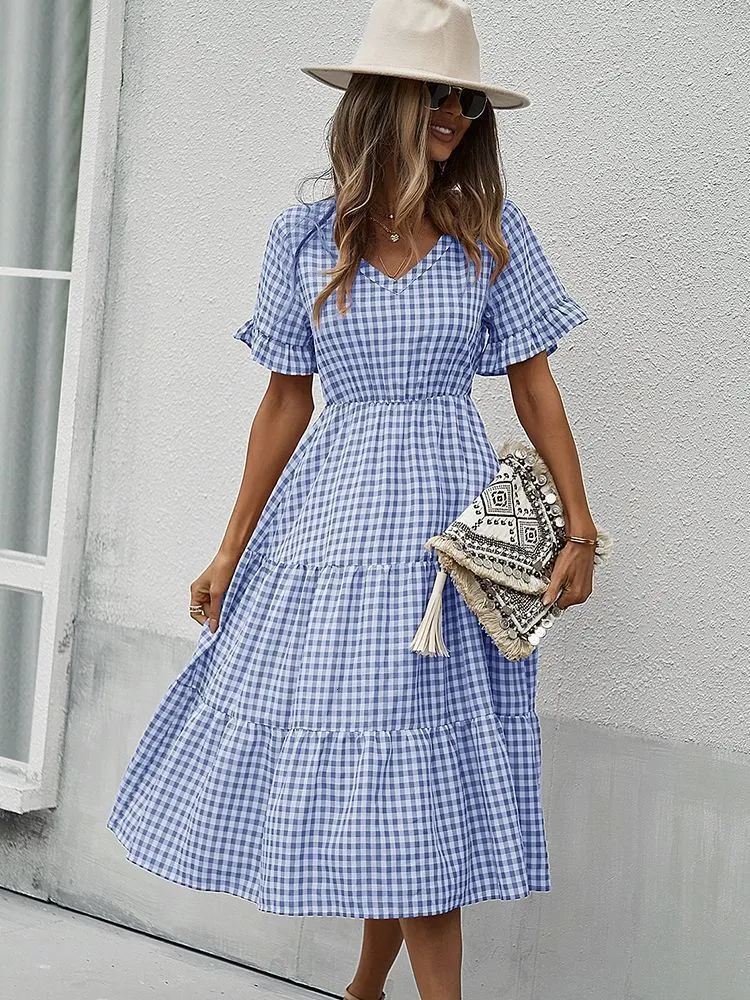 Casual Dresses Ladies Vintage Plaid Summer Dress Women Slim Casual Ruffles High Midje Party Beach Midi Sundress Women Dress Vestidos Kvinna 230321