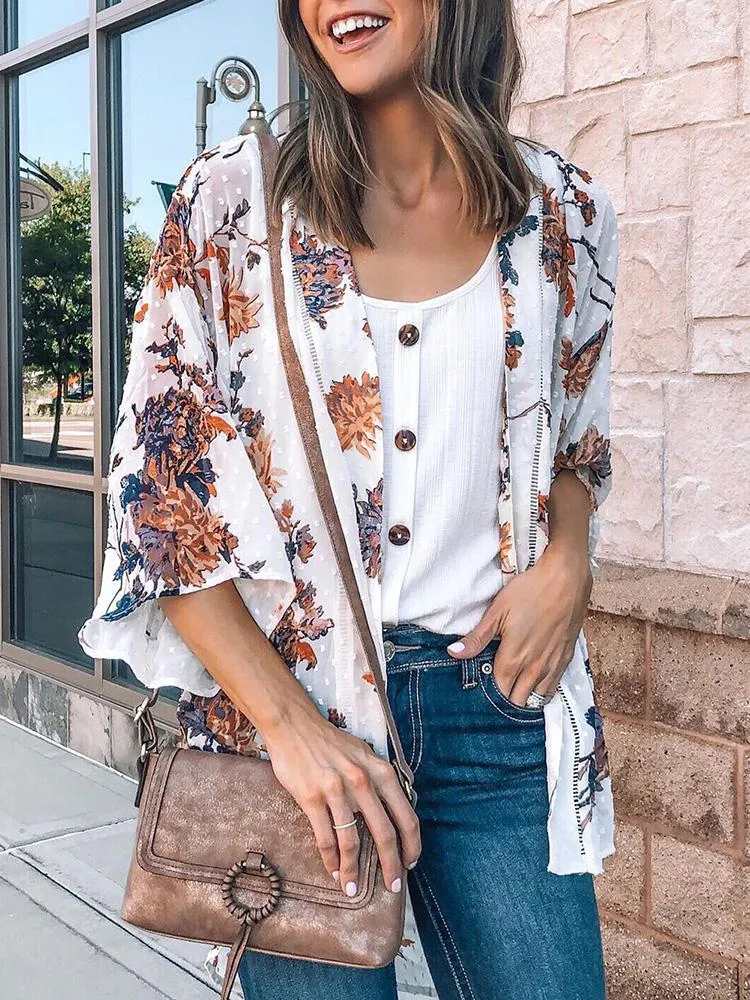 Chemisiers pour femmes KHALEE YOSE Boho Vintage Floral Imprimé Cardigan Chic Bohème Col V Femmes Chemise Été Printemps Casual Vacances Dames Tops