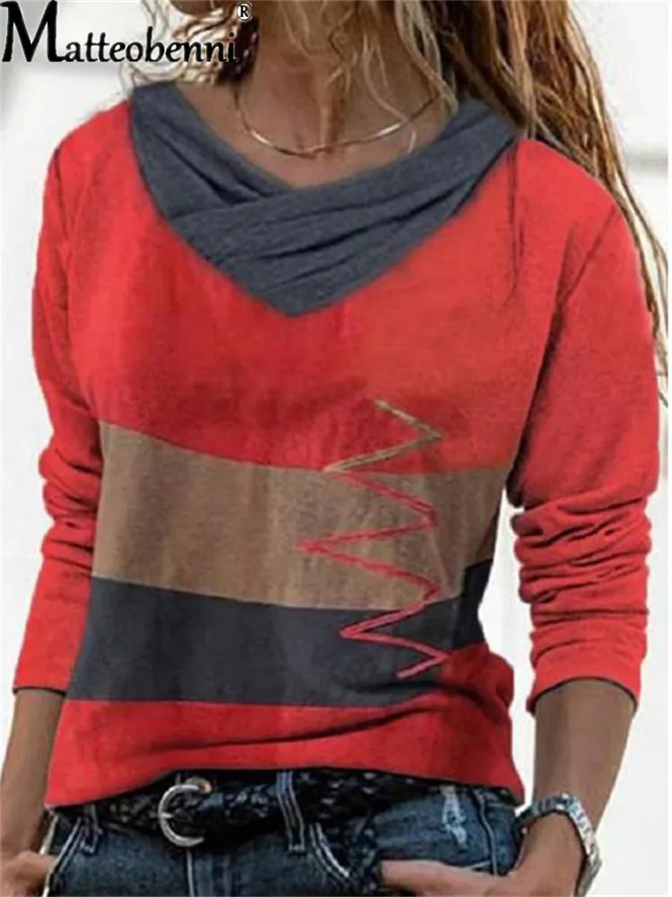 Frauen T Shirt Frauen V-ausschnitt Kontrast Farbe Unregelmäßige Nähte Streifen Frühling Herbst Langarm Straße Hipster Kleidung Damen T tops 230321