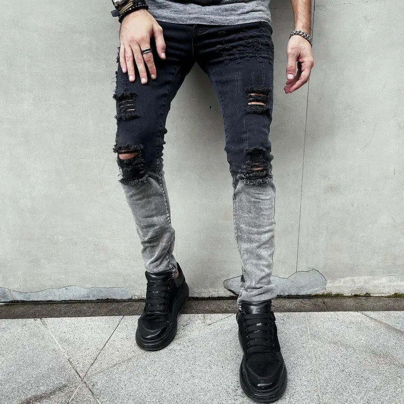 Mäns jeans Casual Denim Slim Zipper Black Hole Painted White Stretch Pencil Pants Ripped For Straight Full Length 230320