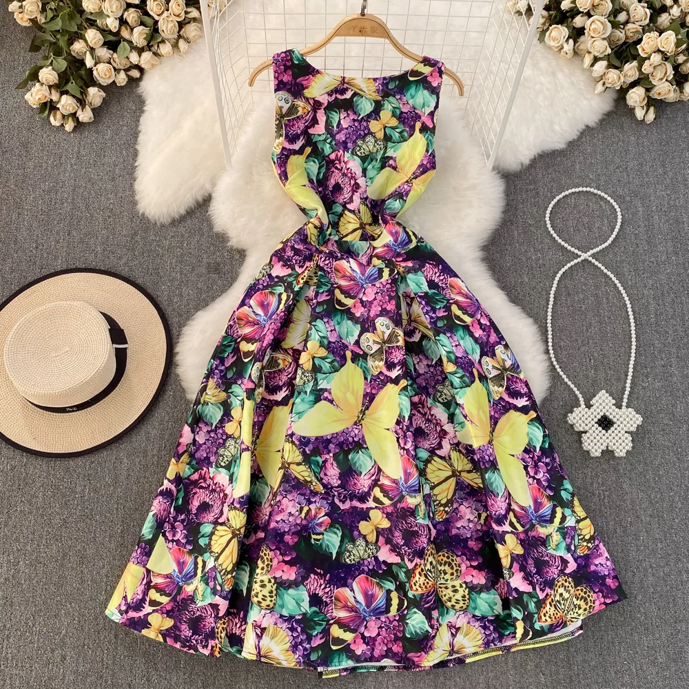Lato 2023 Lekka luksusowa sukienka Okoła szyi w talia Sym Szczupła sukienka A-Line Bez rękawów