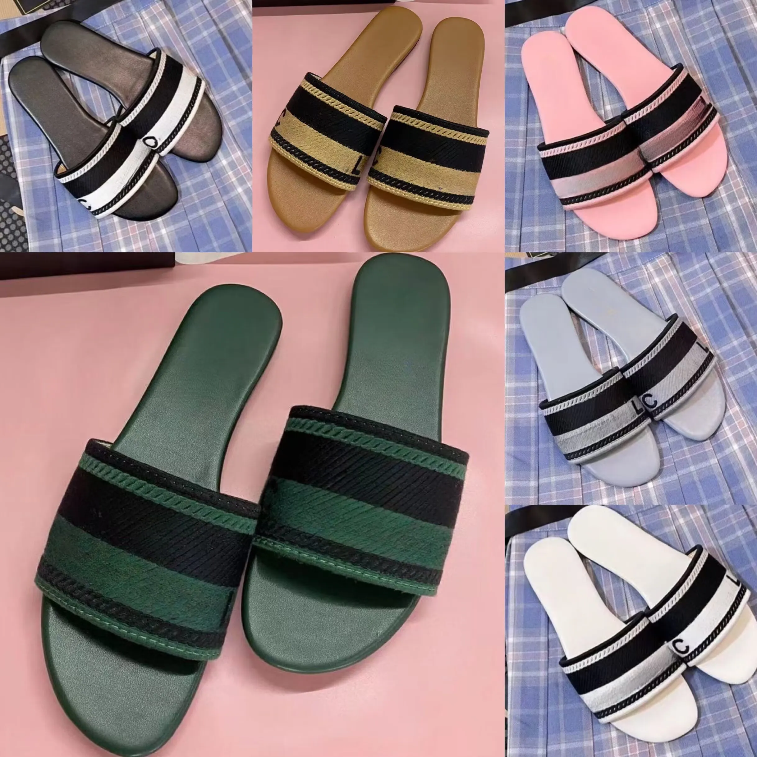 Designer de entrega grátis Sandálias de couro Bordadas de bordados de chinelos planos a um pé de sandálias femininas do lado de fora do desgaste de praia chinelos de praia
