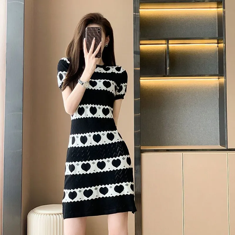 Vestidos casuales Jerseys Elegante Patchwork Vestidos coreanos Estampado Temperamento Cuello redondo Flaco Verano Casual Ropa de mujer de moda 230321