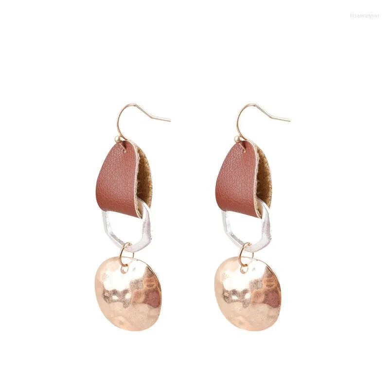 Dangle Earrings Hammered Fashion Chic Metallic Drops Circle Leather