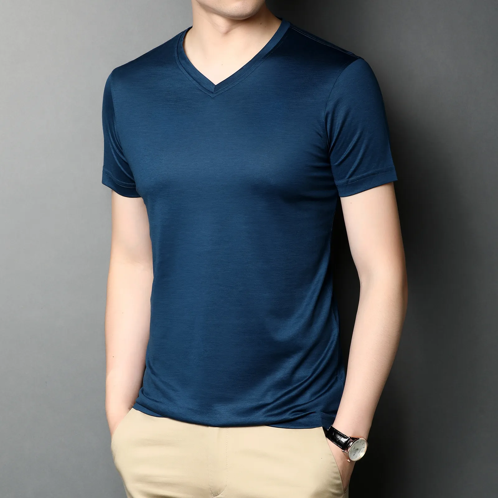 T-shirts pour hommes d'été d'âge moyen pour hommes Double coton mercerisé col en V T-shirt à manches courtes couleur unie décontracté Version coréenne T-shirt pour hommes 230321