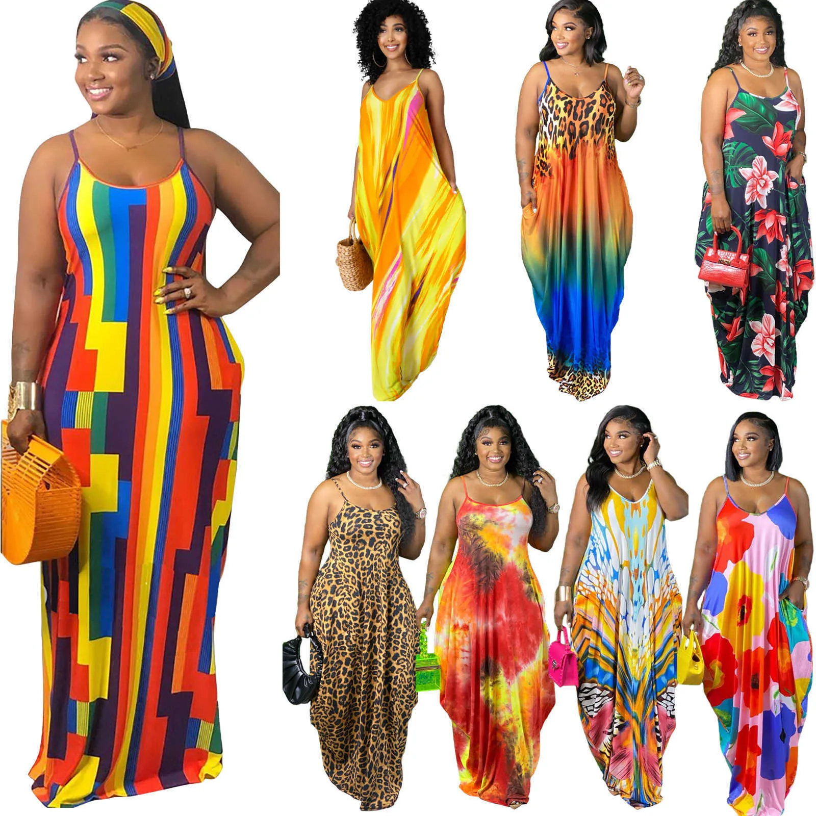 Summer 5XL Maxi Dresses Women Tie Dyed Colorful Printed Suspender Loose Dress Plus Size Women Clothes With Headscarf