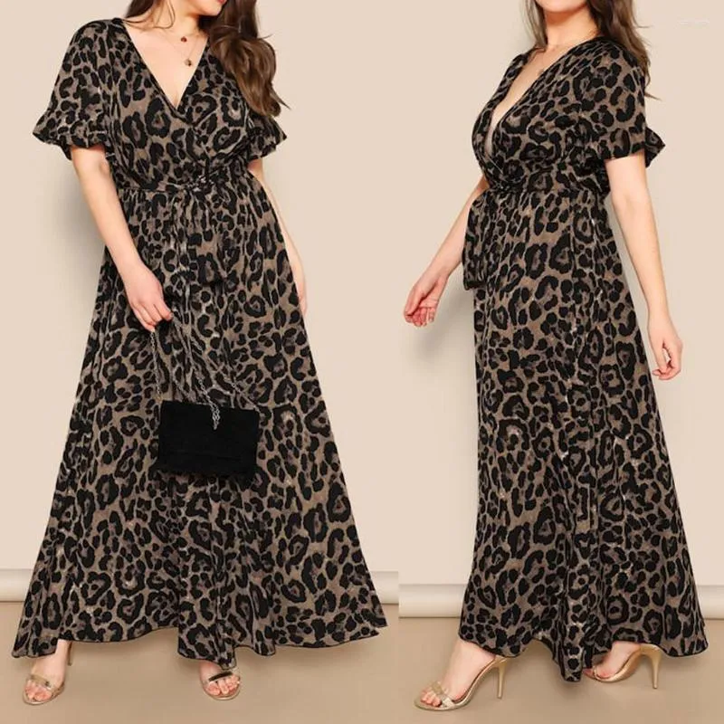 Casual Dresses Kvinnor Plus Size Fashion Dress for Women Summer Leopard Sexig Elegant Short Sleeve Loose Female Oversize XL-XXXXL