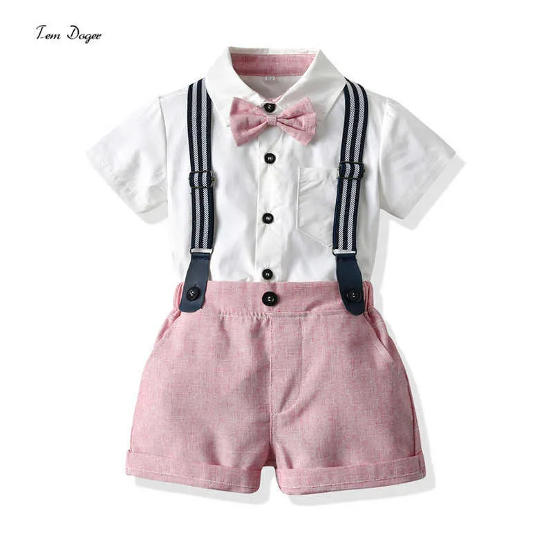 Kledingsets Tem Doger Summer Fashion Baby Boy Clothing Set katoenen korte mouw bowtie shirtoveralls casual 2pcs outfit gentleman stijl z0321