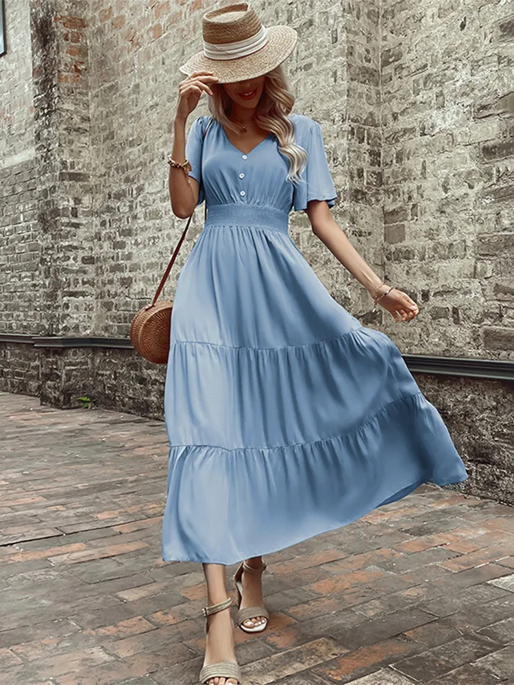 blue dress summer Casual Blue Midi Summer Dress with Floral Print Blue Floral / Large