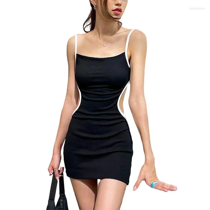Vestidos casuais 2023 vestido de corpo feminino espaguete com cinta sem mangas contraste a cor aberta Sling Mini