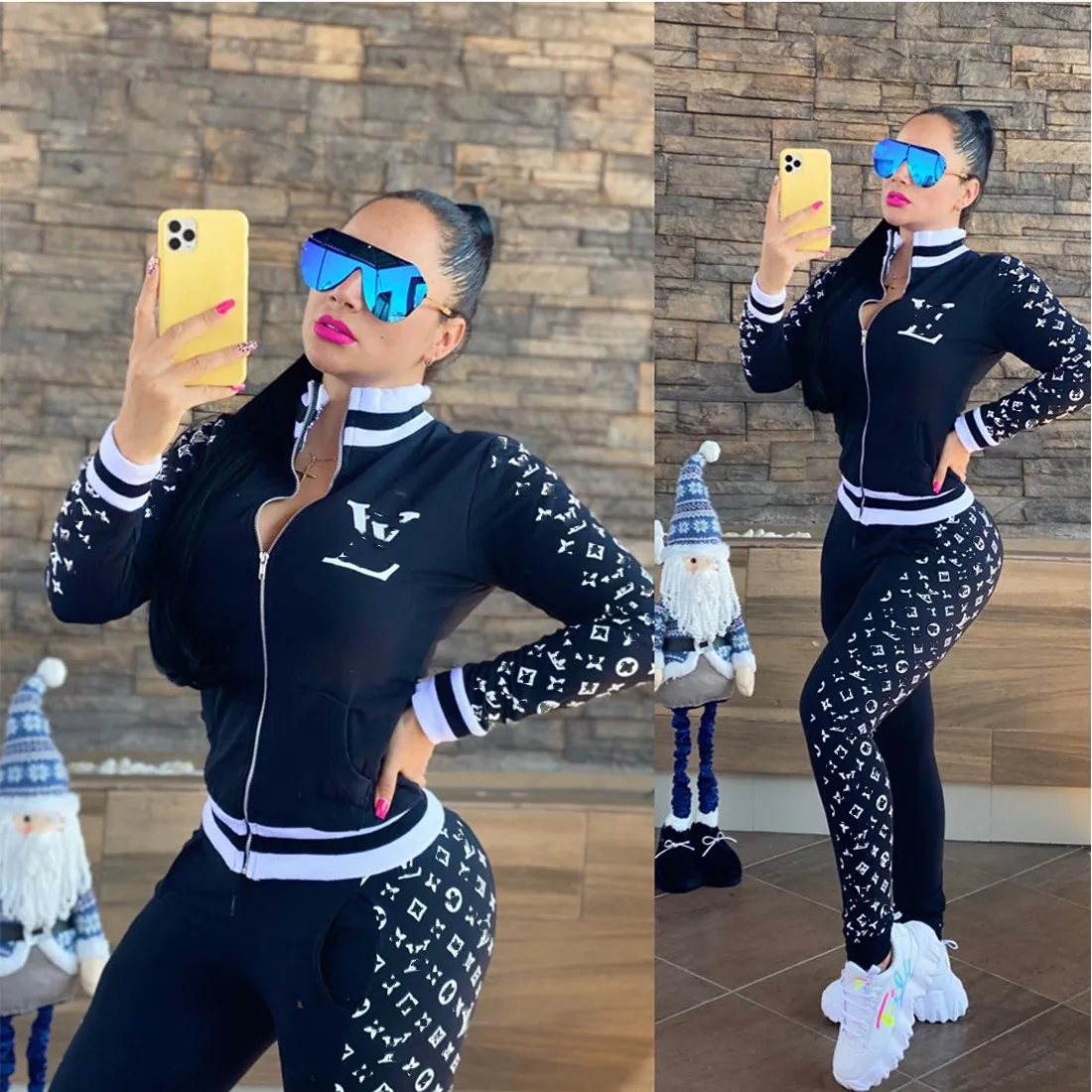 Two Piece Pants Tracksuit Women Casual Print Jacket och Sweatpants Set Casual Outfits Free Ship