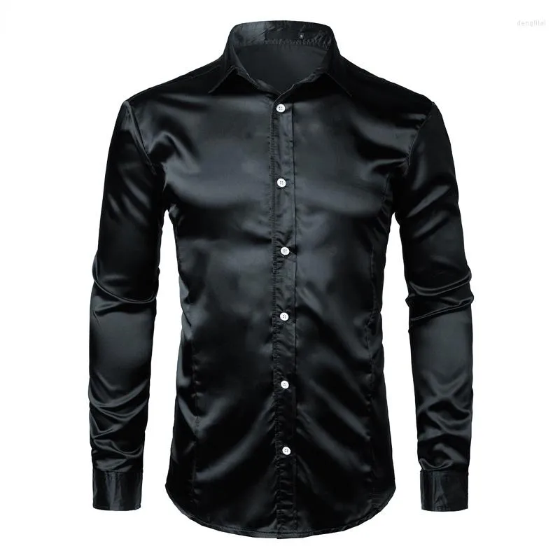 Casual shirts voor heren zwart slanke fit zijden shirt shirt mannen satijnen gladde smoking tuxedo business bruiloft prom mannelijke chemise homme homme