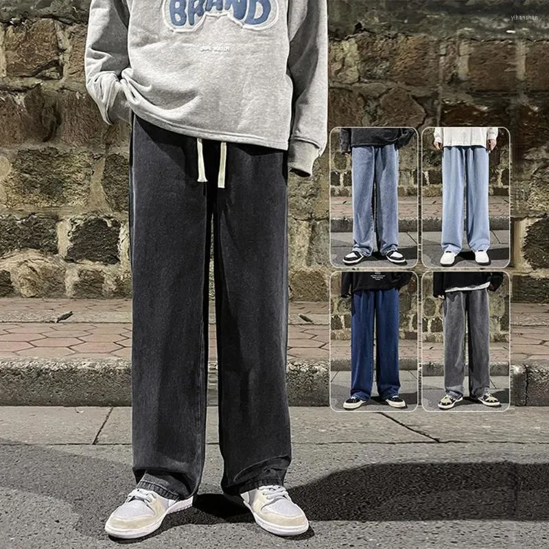 Mäns jeans män hip hop lossa svarta solida färg streetwear raka baggy breda ben byxor manliga denim byxor