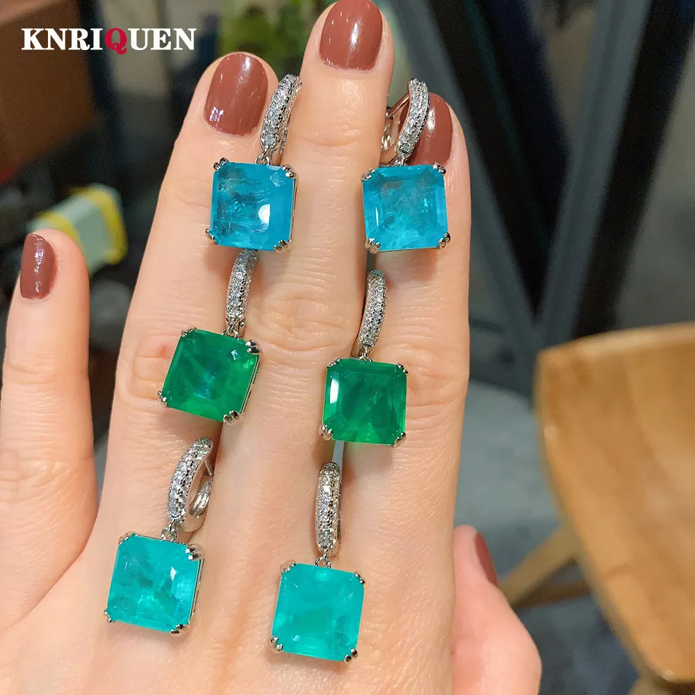 Oor manchet KNRIQUEN Vintage 12*12 Paraiba Toermalijn Smaragd Edelsteen Drop Clip Oorbellen voor Vrouwen Cocktail Party Fijne Sieraden Vrouwelijke Gift 230320