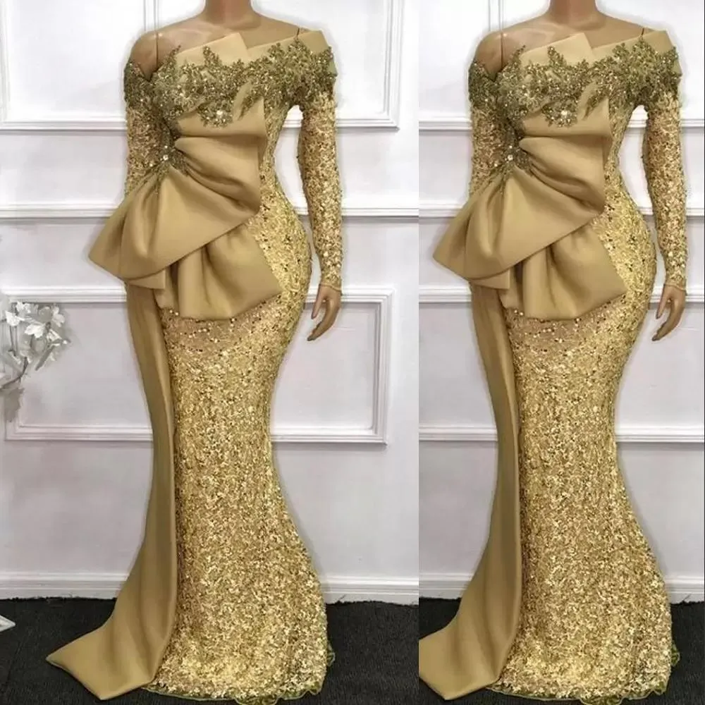 2023 Gold Meerjungfrau Abendkleider lange Ärmel funkelnde Pailletten applika von der Schulter maßgeschneiderte bodenlange formelle OCN Wear Arabisch -Promkleid Vestidos 403 403