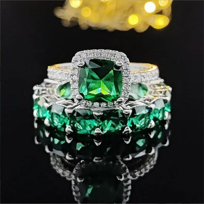 Ins Top Sell Wedding Rings Luxury Jewelry 925 Sterling Silver Cushion Shape Emerald 5A Cubic Zircon CZ Diamond Handmade Party Eternity Women Engagement Couple Ring