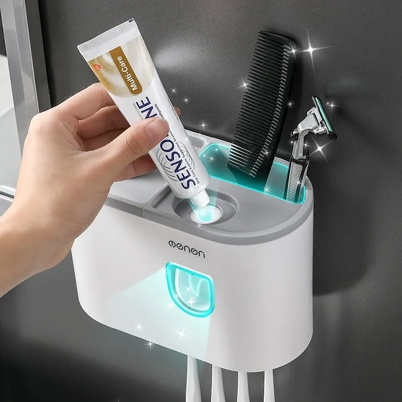 Dispensador de jabón líquido Soporte para cepillo de dientes Exprimidor de pasta de dientes a prueba de agua para inodoro Rosa Accesorios de baño magnéticos montados en la pared automáticos 230320