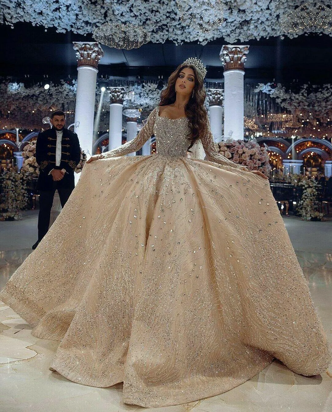 Champagne Wedding Dress 2023 Long Sleeve A Line Bridal Gown With Beaded Crystals Satin And Ruched Details Customizable Plus Size For Country Or Beach Weddings From Missdressprom 224.45 DHgate.Com