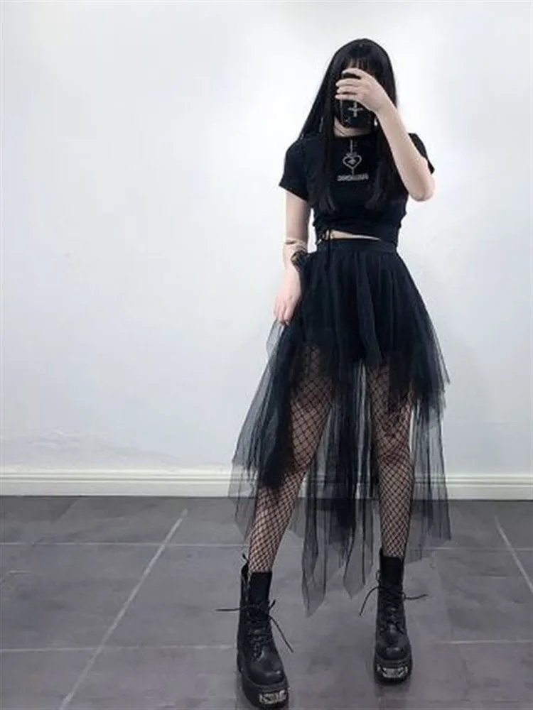 Jupes Gothique Noir Maille Longue Mini Jupe Femmes Multicouche Irrégulière Sombre Esthétique Fée Grunge Midi Punk Emo Alt Mode Coréenne 230321