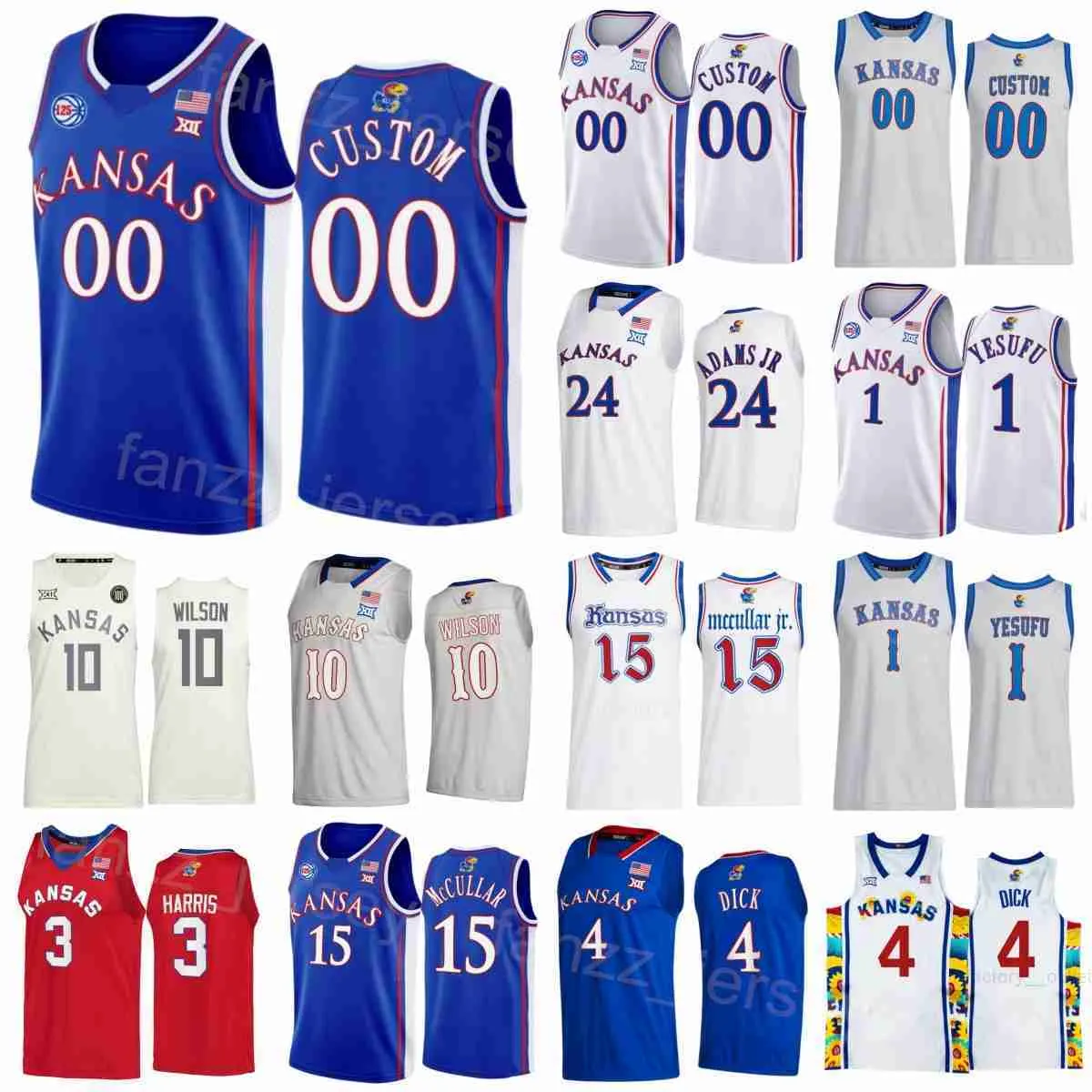 Kansas Jayhawks 10 Jalen Wilson Jerseys College Basketball 4 Gradey Dick 15 Kevin McCullar Jr 24 K.J Adams Jr 3 Dajuan Harris Jr 1 Joseph Yesufu Stitch University NCAA