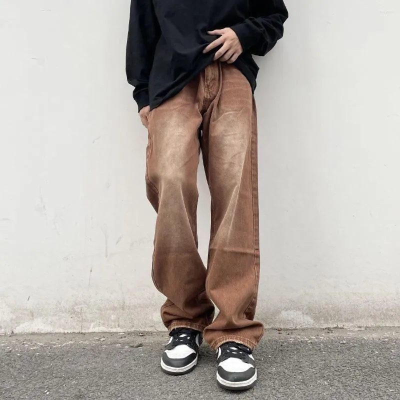 Jeans masculinos Men marrom-homem de moda retro casual de rua larga de pernas largas