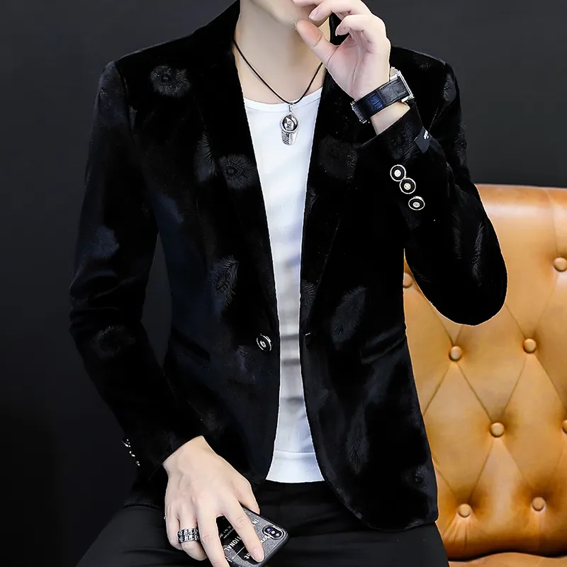 Floral Print Velvet Mens Suits Slim Casual Jacket For Autumn
