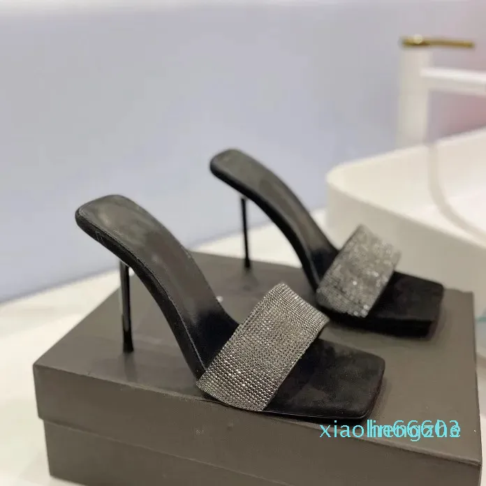 rhinestones Square toe cap silver Mule sandals heels slip on heeled open toe shoes women's luxury designer leather outsole evening shoe 10cm factrory footwear