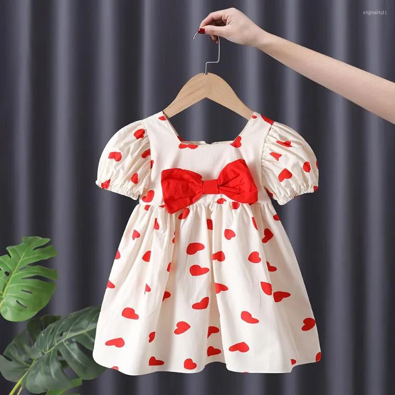 Girl Dresses Summer Clothes Girls Dress Puff Sleeve Cute Bow And Heart Printed Cotton Short Toddler Kids Vestidos