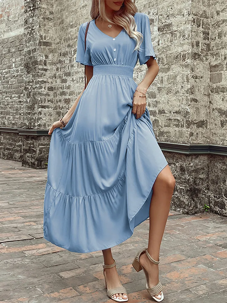 Minimalist V-Neck High Waist Dusty Blue Casual Dress for Women - Solid Color Casual Dresses M Womens Summer Solid Color Dress Womens Minimalist V Neck  High Waist Loose Long Desses 230321 From Kong04, $20.11 | DHgate.Com