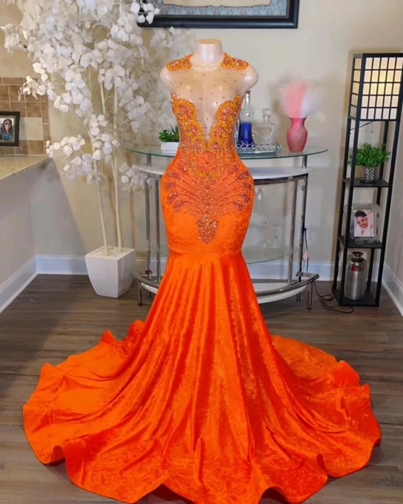 Glitter sirena Arancione Abiti da ballo Ragazze Nere 2023 Paillettes Cristallo Africano aso ebi Abiti da sera del partito Velluto Robe De Bal