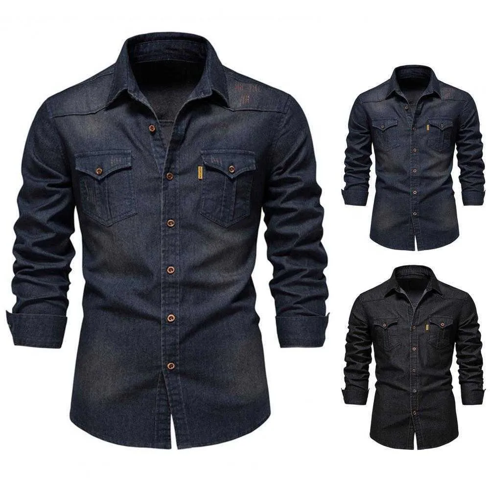 Camisas casuales para hombres Camisa de mezclilla para hombres Camisa de jeans de manga larga Camisa de cuello vuelto de un solo pecho AA230320
