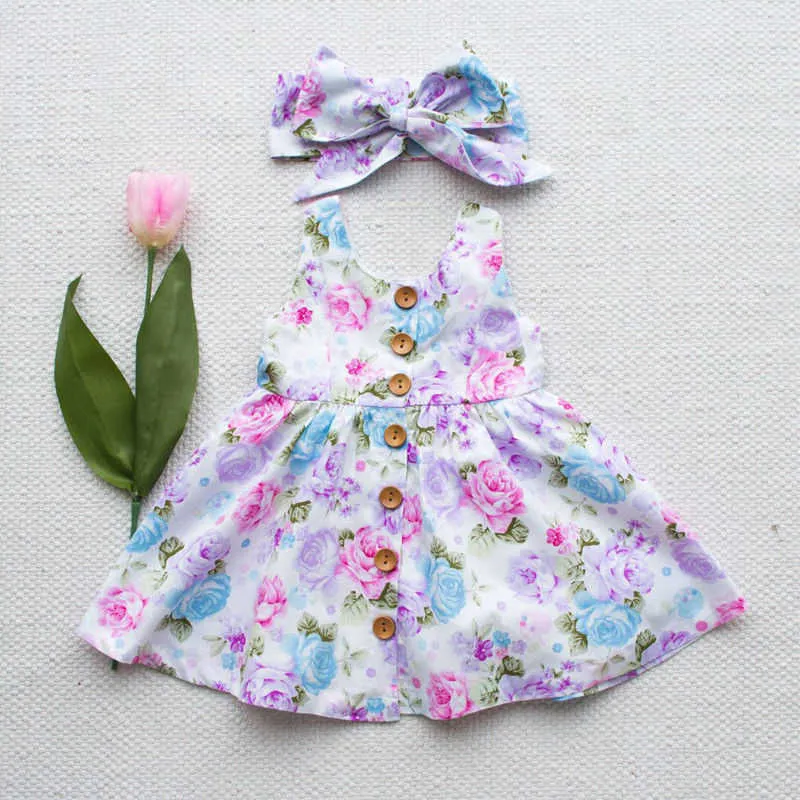 Kläder sätter 6m3t småbarn barn baby flicka blommig tank klänning match pannband sommarknapp ärmlös sundress spädbarn flicka prinsess sundress z0321