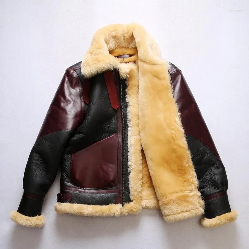 Mäns jackor BDB3 Europeisk amerikansk storlek Högkvalitativ super varm äkta fårläderrock Mens Big B3 Shearling Bomber Military Fur Jacket