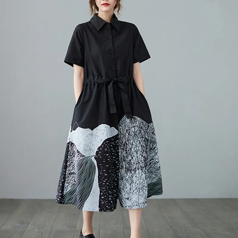 Casual Dresses Japanese Yamamoto Dark Style Street Fashion Girl's Black Blouse Dress Cotton Print Draw String Women Travel Casual Summer Dress 230321