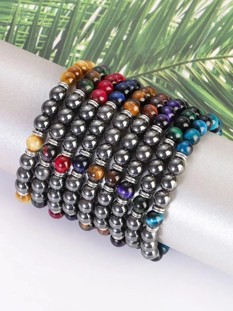 Stron Multicolor Tiger Eye Stone Beads Bracelets Hematite Spacer Men Femmes Corde élastique Yoga Bijoux fait à la main