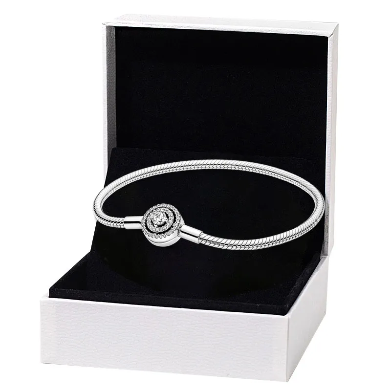 Sparkling Double Halo Clasp Charm Armband för Pandora 925 Sterling Silver Snake Chain Armband för kvinnor Flickvän Gift Handkedjesmycken med originallåda