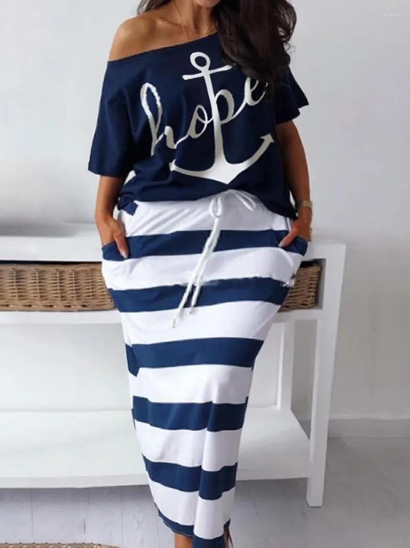 Tracksuits Plus Size Two Piece randig kjol Set Anchor Print Fashion Casual Oblique Bateau Collar Summer Tops Bottoms Matching Outfits