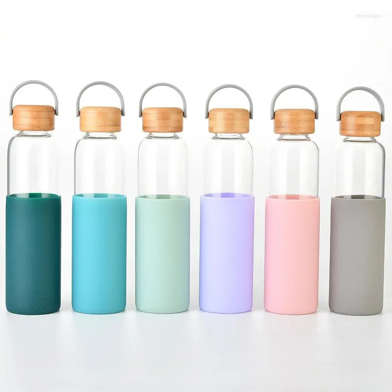 Wine Glasses 21oz Glass Water Bottle Single Layer Silicone Bamboo Handle Lid Cup Sport Team Gifts Juice For Travel