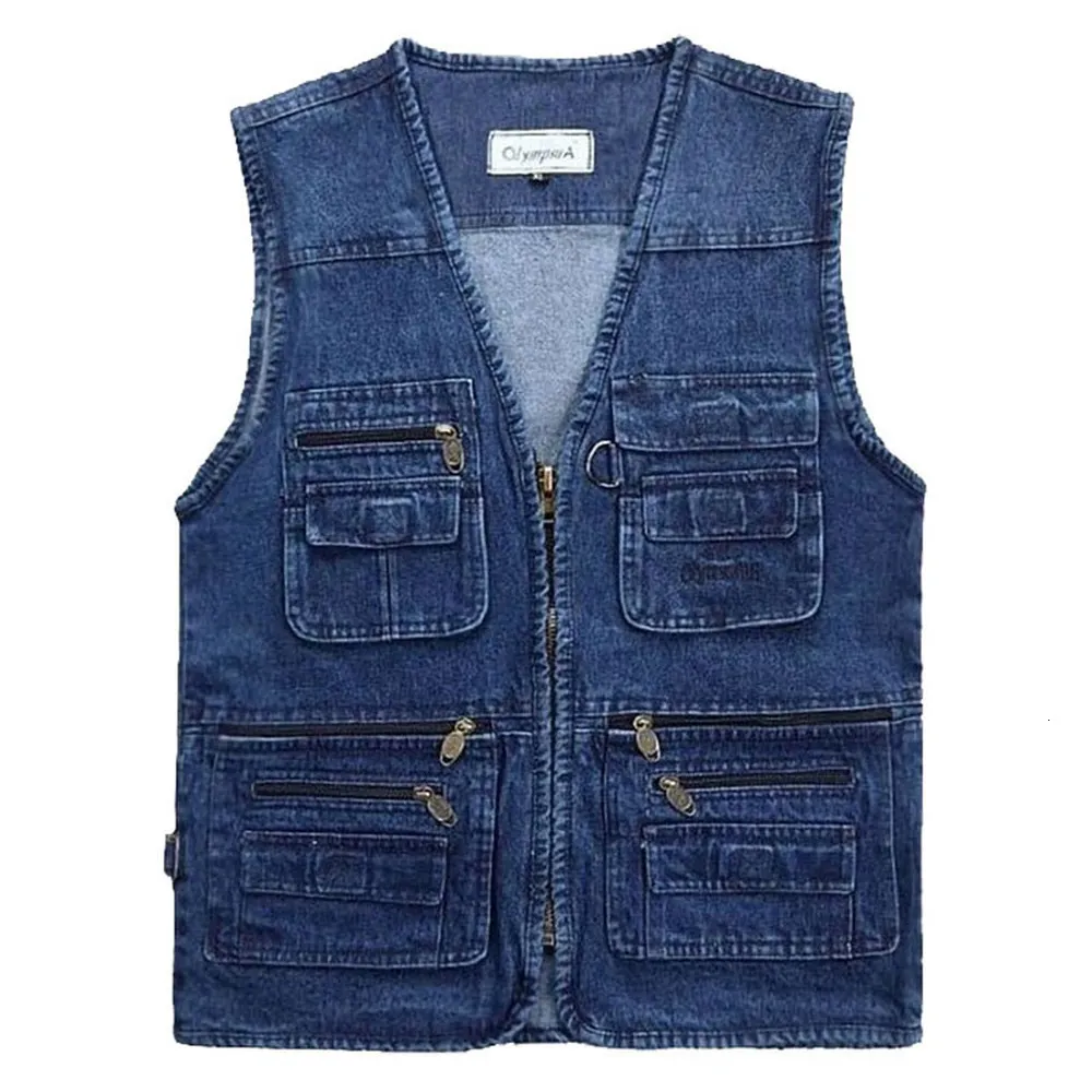 Mäns västar Big Size Vneck Classic Multi Denim Work Mens Solid Casual Waistcoat med många fickor Fiske ärmlös jacka 230320