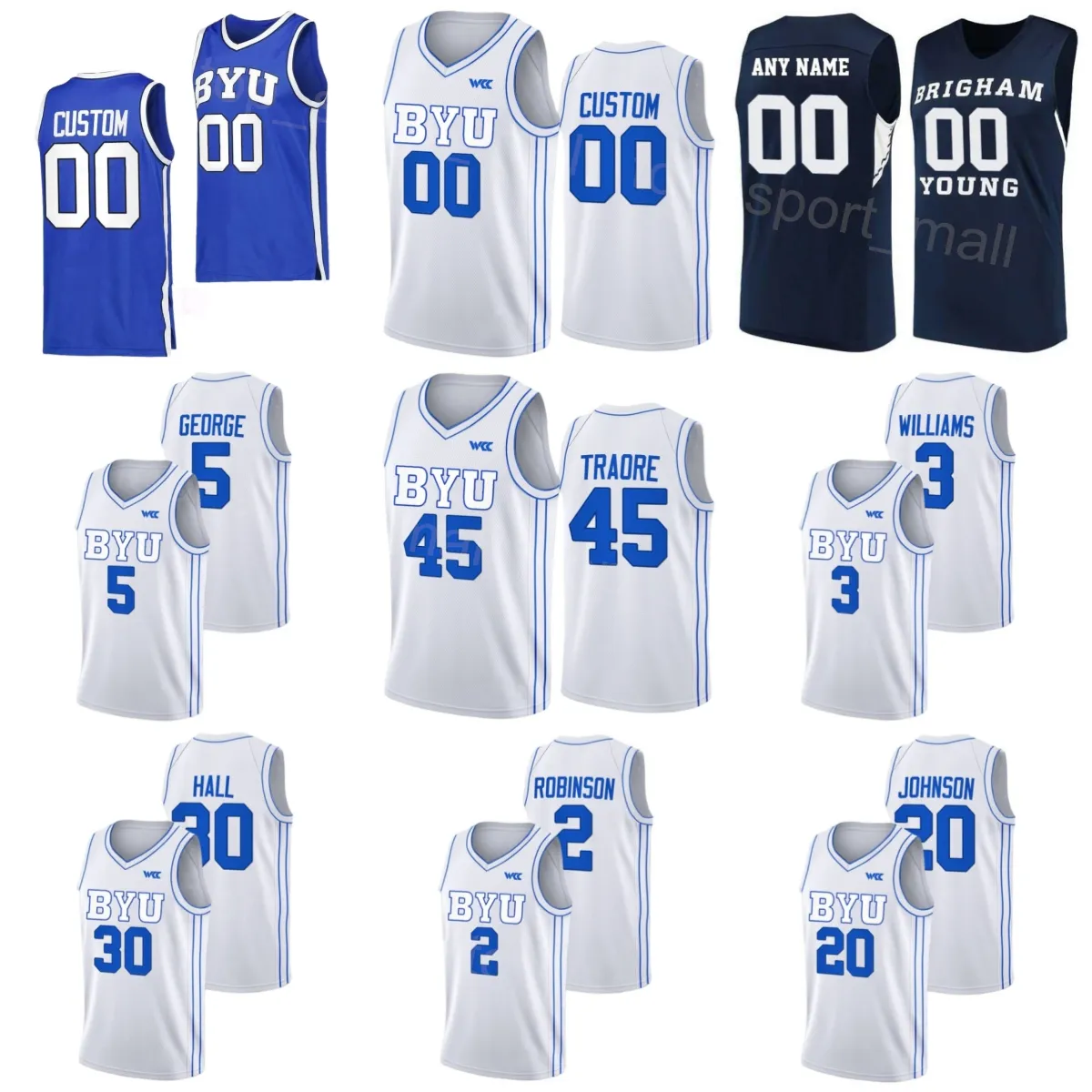 Basketball universitaire BYU Cougars Jersey 45 Fousseyni Traoré 3 Rudi Williams 20 Spencer Johnson 5 Gideon George 2 Jaxson Robinson 30 Dallin Hall University Team NCAA