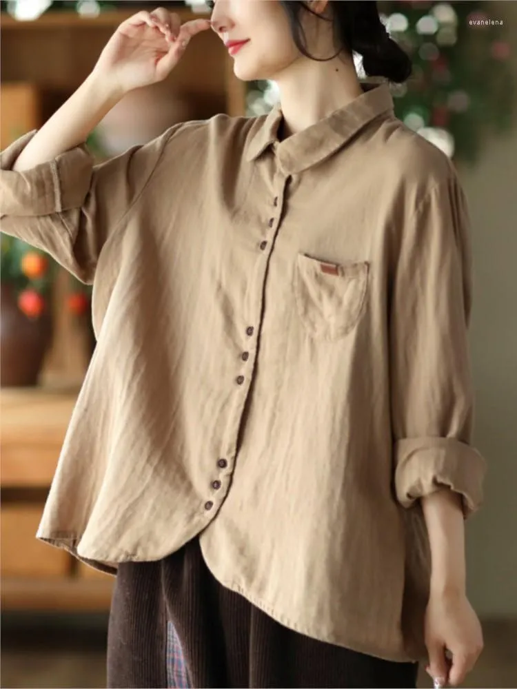 Kadınlar bluzlar 2023 bahar gömlek kadın retro gündelik slim tipi üstler bayanlar dönüş aşağı yaka düğmesi basit vintage bluz