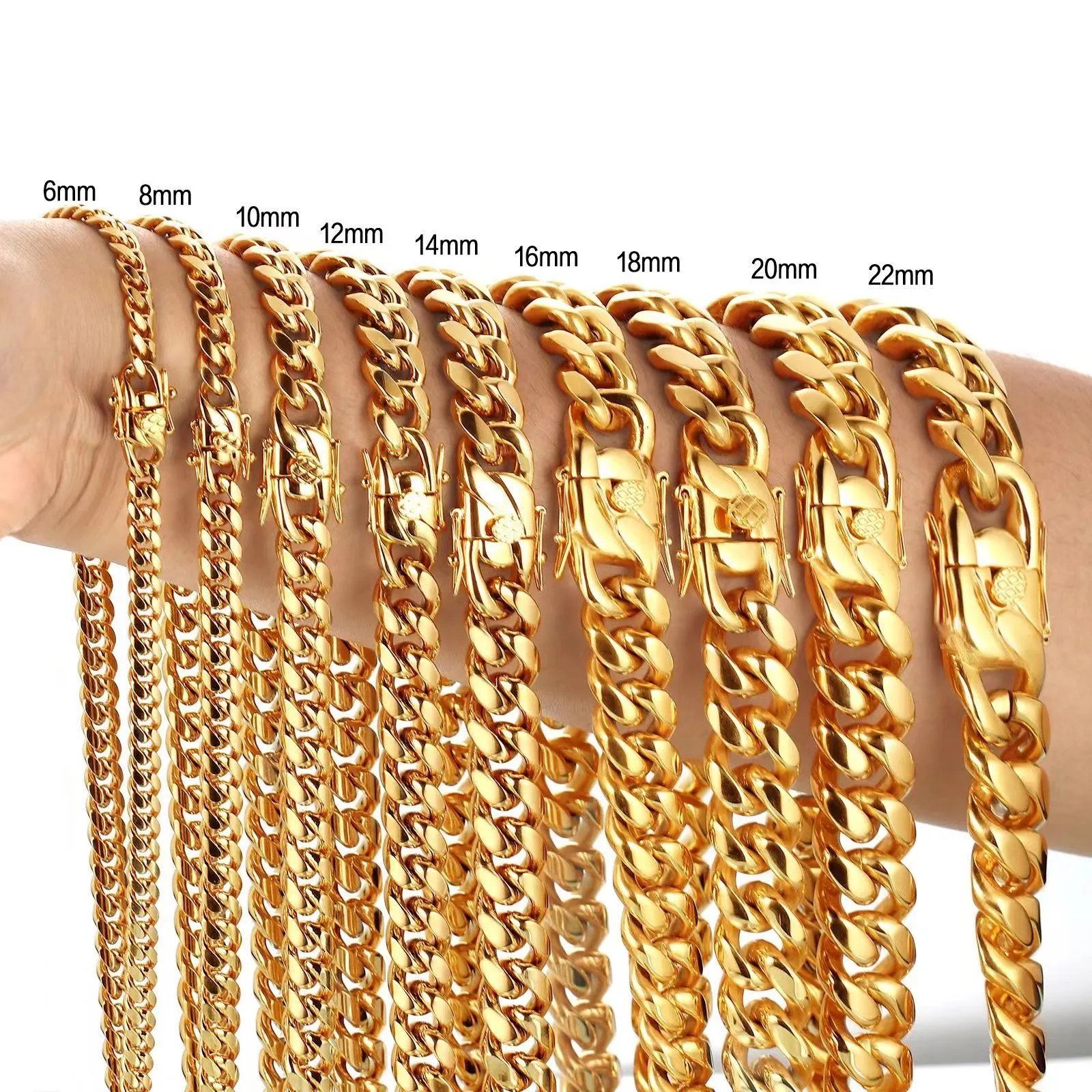 Cuba Chains Fivela de torneira de ouro 18K aço inoxidável titânio densidade de aço 8mm / 10mm / 12mm / 14mm / 16mm Miami Cuban Link Chains Correntes de ouro masculinas de aço inoxidável