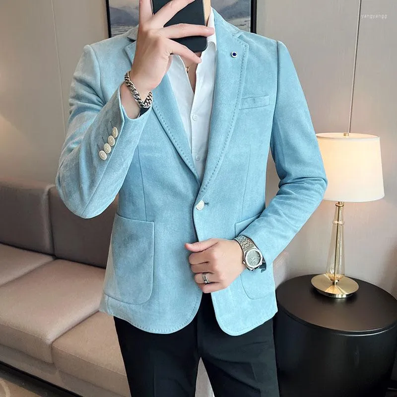 Mens Suits Suede Gentlemen Costume Guy Modern Light Blue Slim Fit