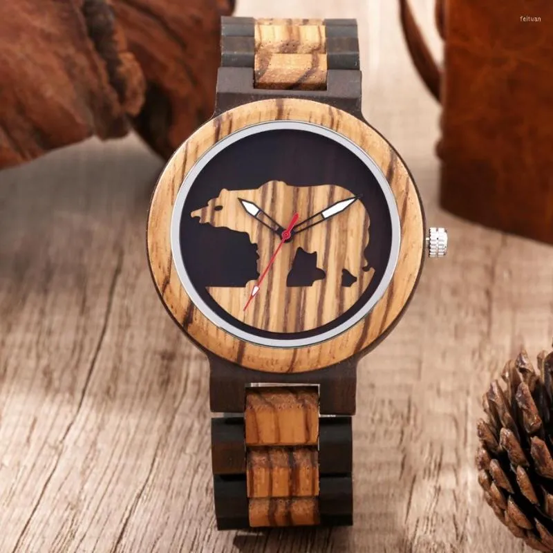 Relojes de pulsera para hombre, relojes de madera con marca de agua de oso Polar 3D, reloj de pulsera de cuarzo para hombre con banda de madera ajustable, reloj de pulsera Retro, Relojes