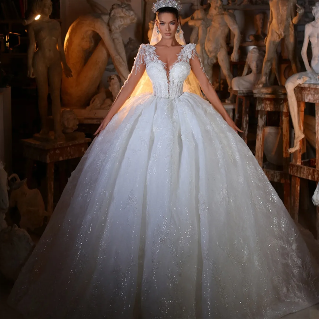 Glamorous Ball Gown Wedding Dresses V Neck Transparent 1/2 Sleeves