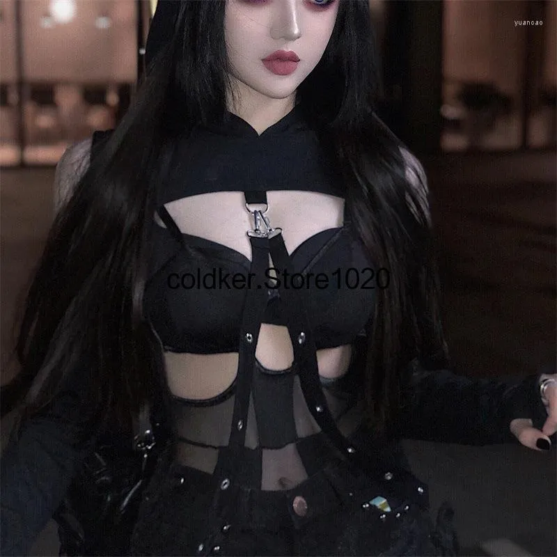 Women's T Shirts Women Black Short Top Spring Ins Sexy Crop Tops Gothic Woman Clothes Female Off-the-shoulder Long Sleeve Cosplay Costumes