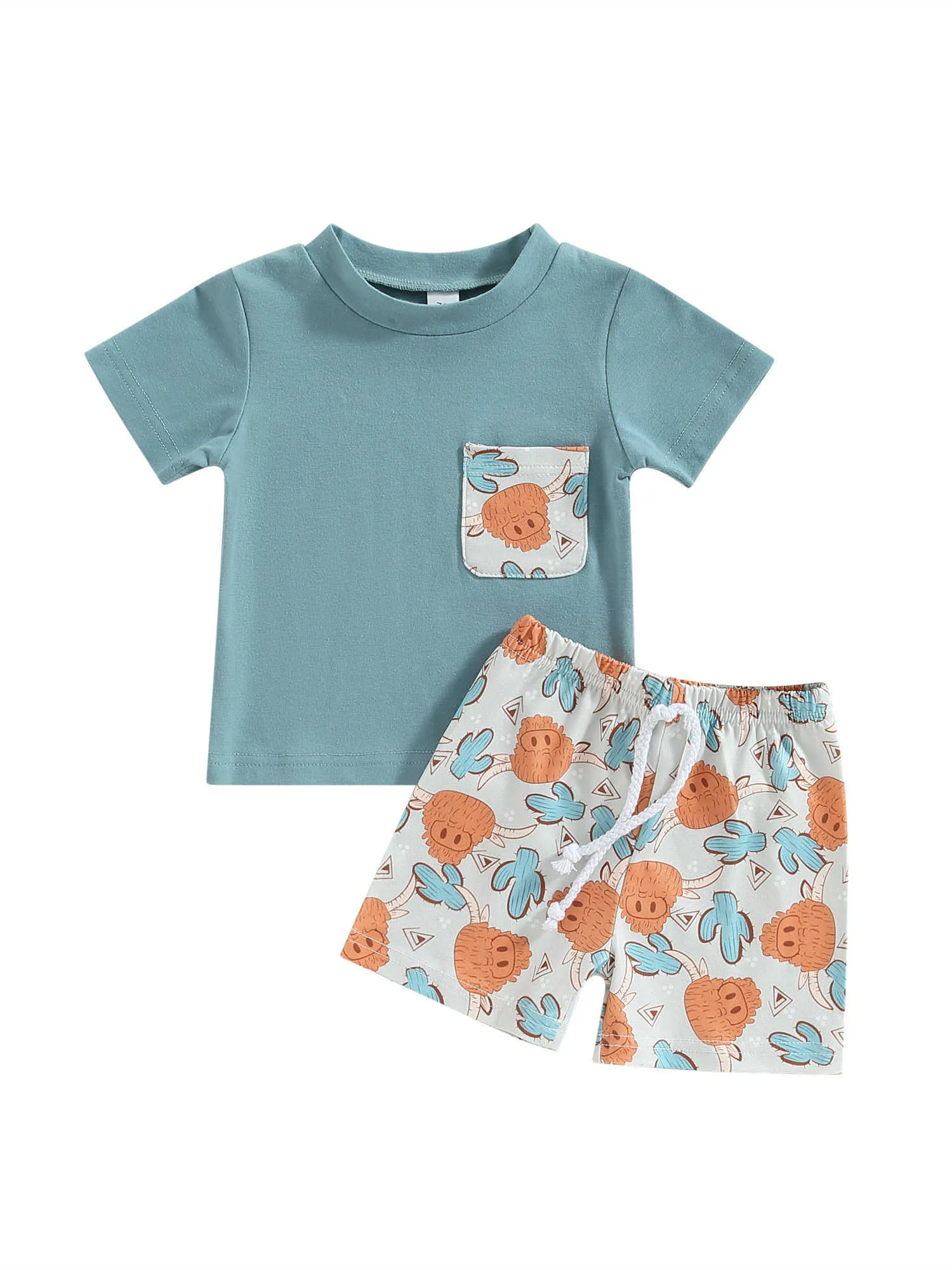 Vêtements Enfants Boys Boys Summer Tenues de l'équipage Couc Couper à manches courtes Pocket Tshirts et Cow Head Print Short élastique 2PCS Suit Z0321