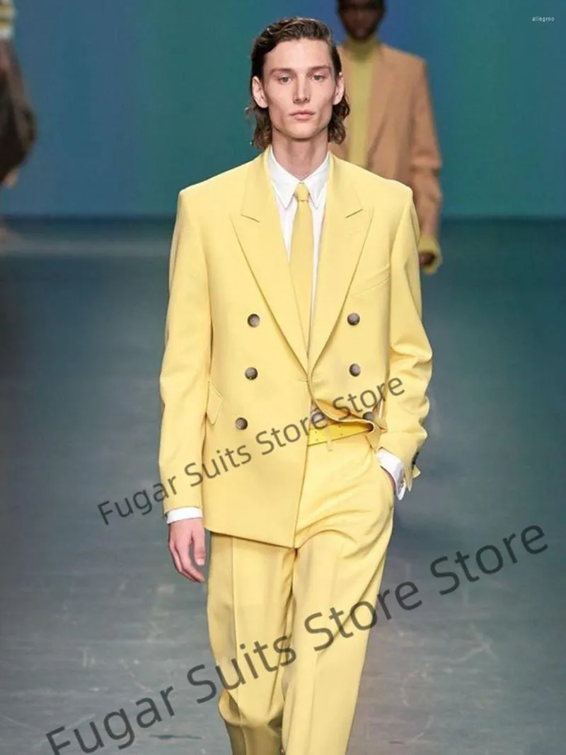 Men's Suits Shiny Yellow Wedding For Men Slim Fit Double Breasted Groom Formal Tuxedos 2 Pieces Sets Casual Male Blazer Ternos Masuino