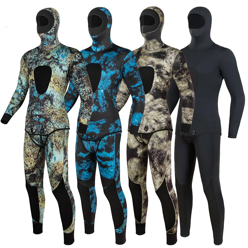 Wetsuits Drysuits الرجال الممولة المموهة بذلة طويلة الأكمام طويلة الانشطار مقنعين 2 قطعة من النيوبرين الغاطسة للرجال الحفاظ على بدلة الغوص المقاومة للماء 230320